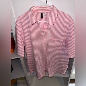 Divided Pink and White Striped Button-Up Shirt